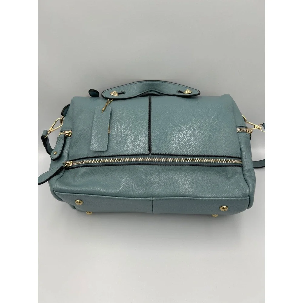 Blue Pebbled Faux Leather Satchel Crossbody Bag Gold Hardware‎ Multi Pocket